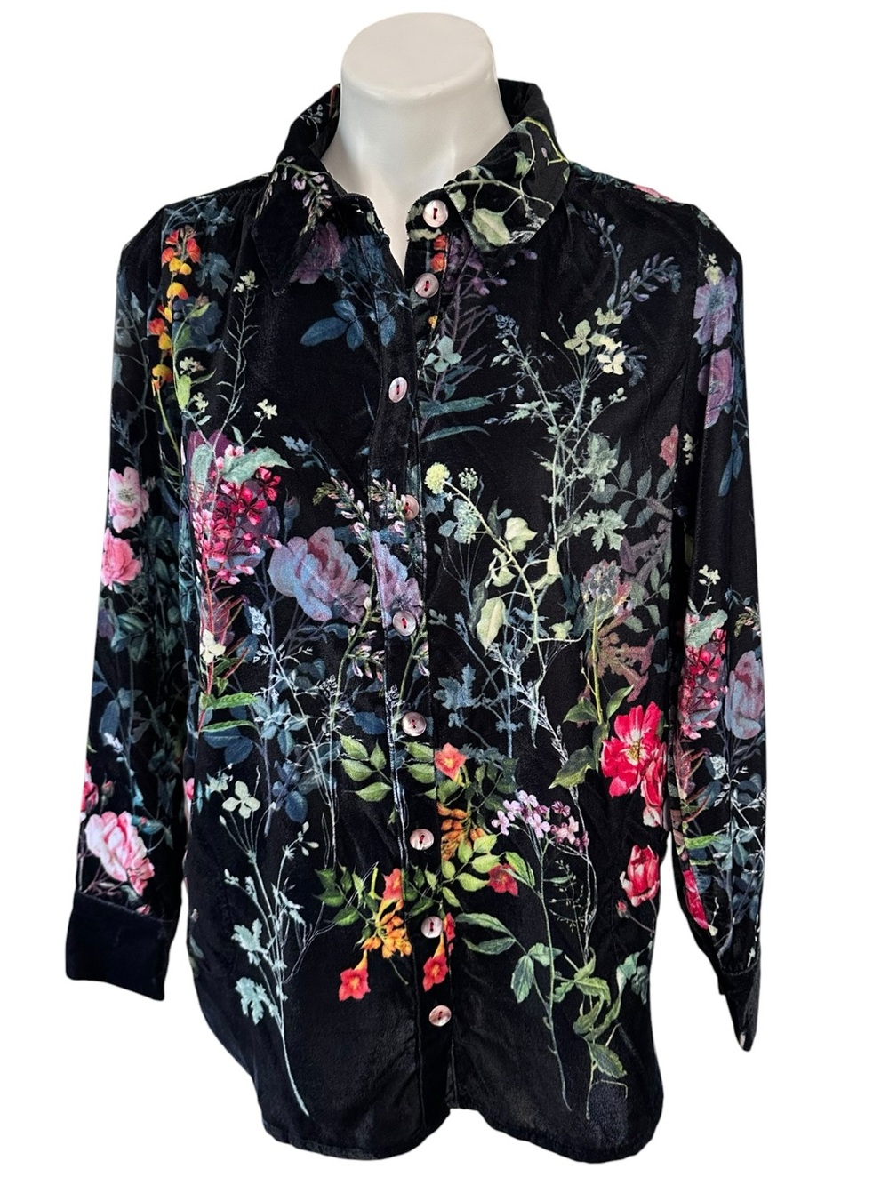 Soft Surroundings Jardim Black Velvet Floral Button Up Blouse Petite Medium